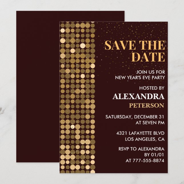Invitation du Nouvel An Épargnez la date Or (Devant / Derrière)