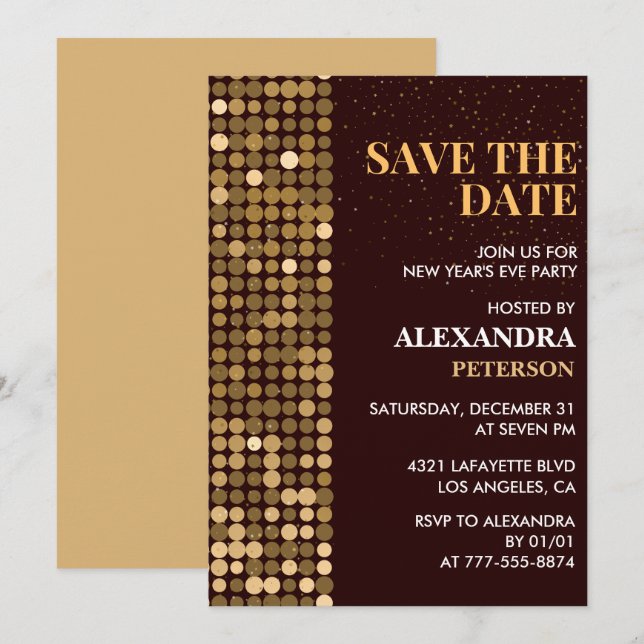 Invitation du Nouvel An Épargnez la date Or (Devant / Derrière)
