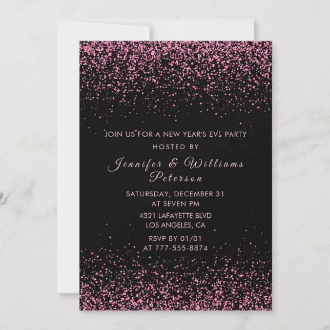 Invitation du Nouvel An noir avec paillettes roses (Devant)