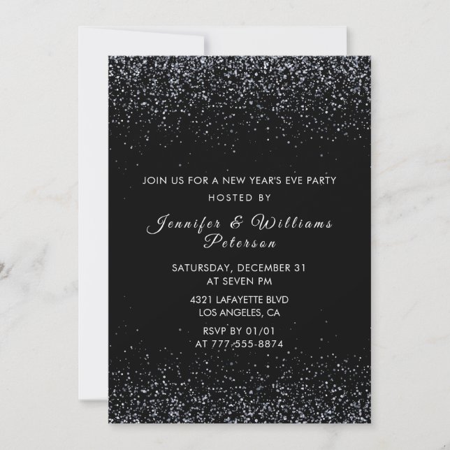 Invitation du Nouvel An noir paillettes argentées (Devant)