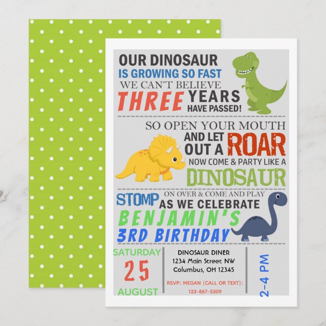 Invitation du parti Anniversaire de enfant de Dino (Devant / Derrière)