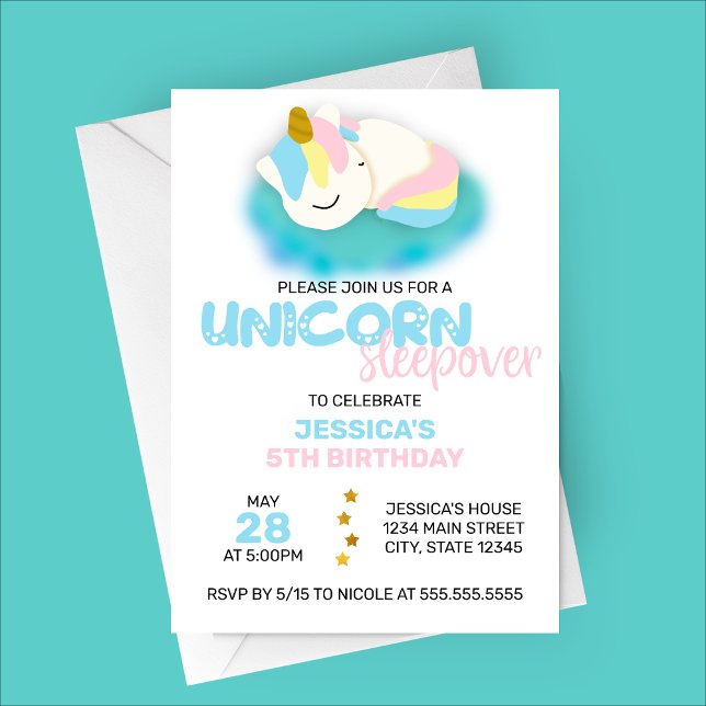 Invitation du parti Anniversaire de enfant Unicorn (Unicorn Sleepover | Cartoon Sleeping Unicorn Birthday Party Invitation)