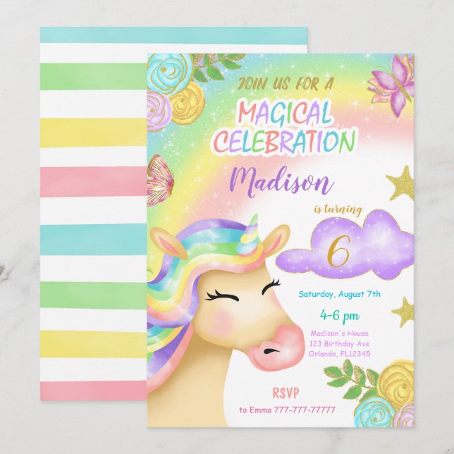 Invitation du parti Anniversaire de enfant Unicorn (Devant / Derrière)