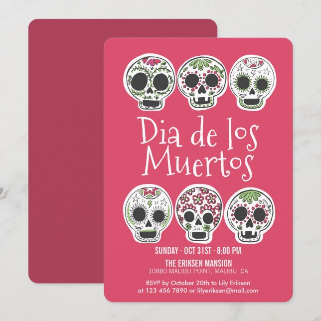 Invitation du parti d'Halloween Dia de los Muertos (Devant / Derrière)
