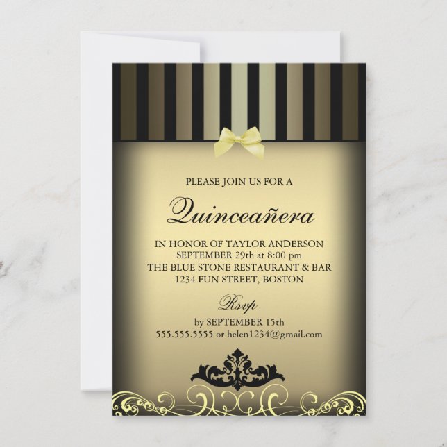Invitation du parti Gold Elegant Stripe Quinceañer (Devant)