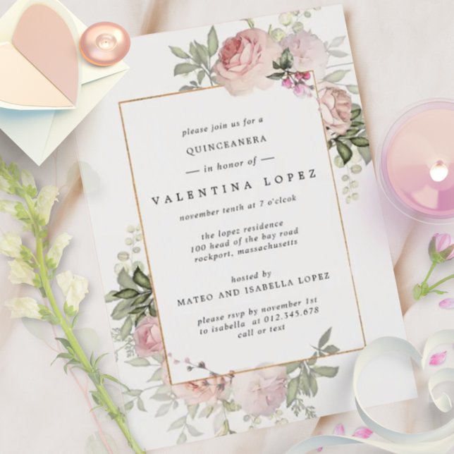 Invitation du parti Quinceanera Floral Rose Budget (Créateur téléchargé)
