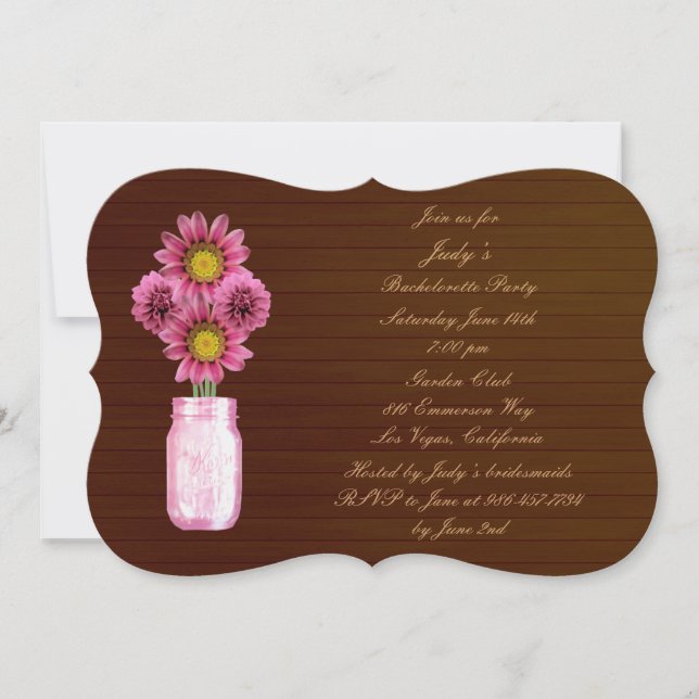 Invitation du parti Rustic Pink Mason Jar Bachelor (Devant)