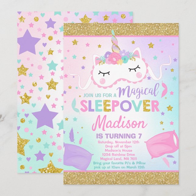Invitation du parti Sleepover de l'Unicorn (Devant / Derrière)
