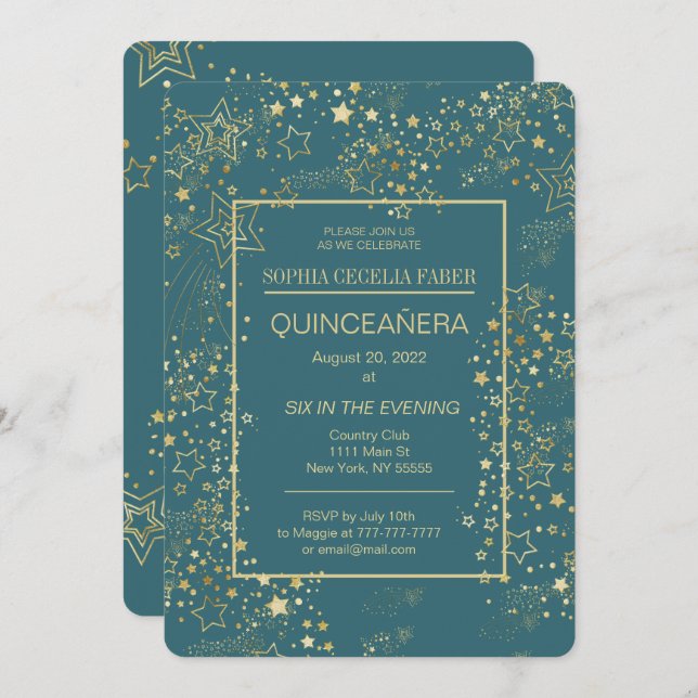 Invitation du Peacock Blue et Gold Quinceañera Par (Devant / Derrière)