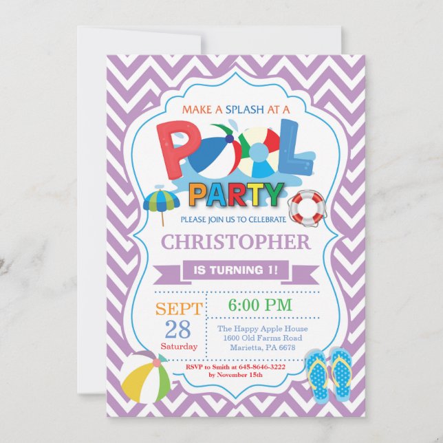 Invitation du Pool Party Purple Splish Splash Boy (Devant)