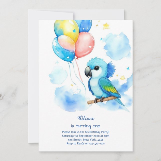 Invitation du premier anniversaire du perroquet (Devant)