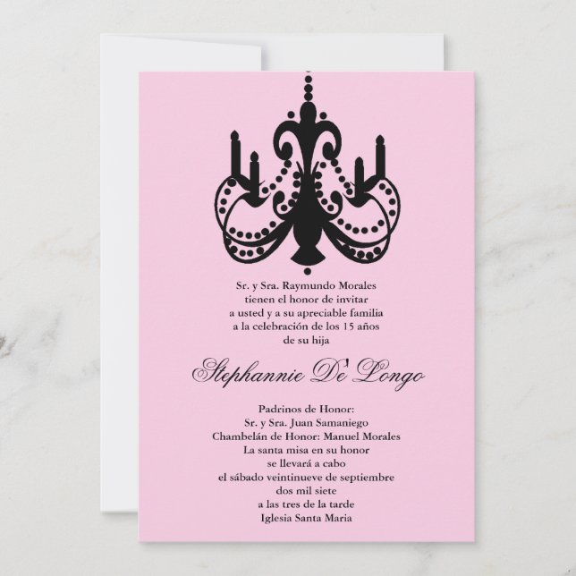 Invitation du Quinceanera, chandelier rose 5x7 (Devant)