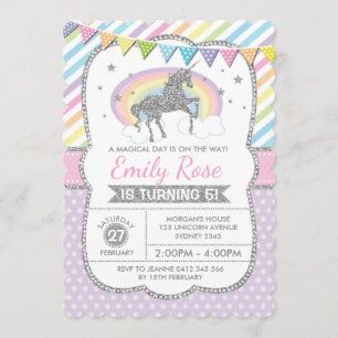 Invitation du Rainbow Unicorn Silver Pink Birthday