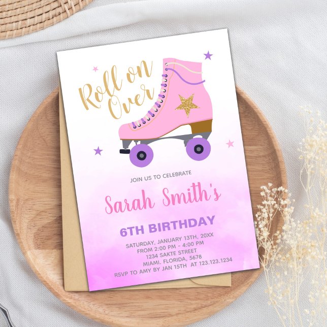 Invitation du Roller Party de filles modifiables (Pink Star Glitter Skating Birthday Invitations)