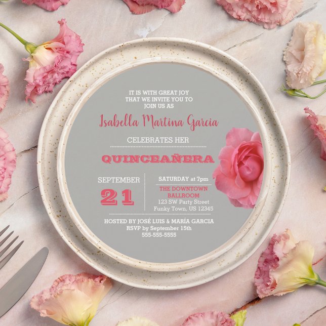 Invitation du Rose de ronde Grey Quinceañera (Créateur téléchargé)