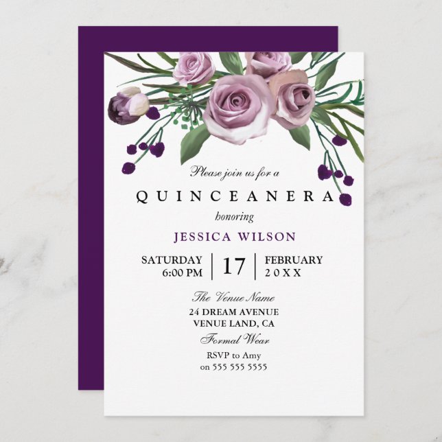 Invitation du Rose pourpre Quinceanera (Devant / Derrière)