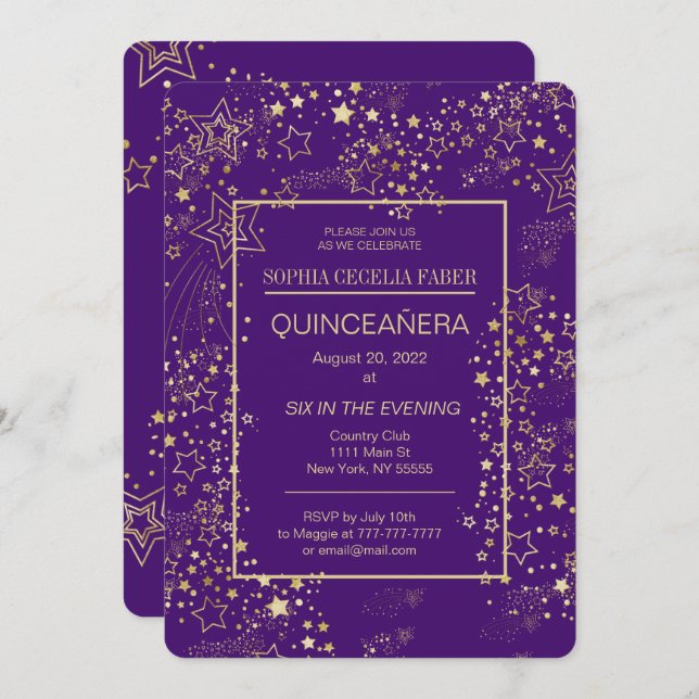 Invitation du Royal Purple and Gold Quinceañera Pa (Devant / Derrière)