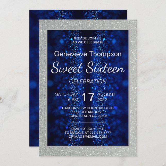 Invitation du Sweet sixteen bleu brillant (Devant / Derrière)