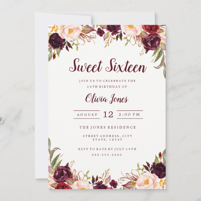 Invitation du Sweet sixteen floral de Bourgogne (Devant)