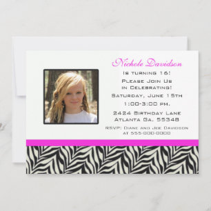 Invitation du Sweet sixteen Zebra Party