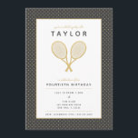 Invitation du Tennis Star Party<br><div class="desc">Célébrez votre joueur de tennis ou votre fan de tennis avec ces magnifiques invitations en or et en charbon de bois avec des racquets de faux or. Couleur texte et arrière - plan dans personnalisable. L'âge d'anniversaire est également personnalisable. Une partie d'une collection de Parcel Studios. *Note : Les détails...</div>