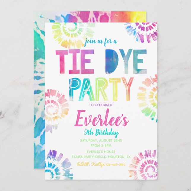 Invitation du Tie Dye Party | Anniversaire de Tie  (Devant / Derrière)