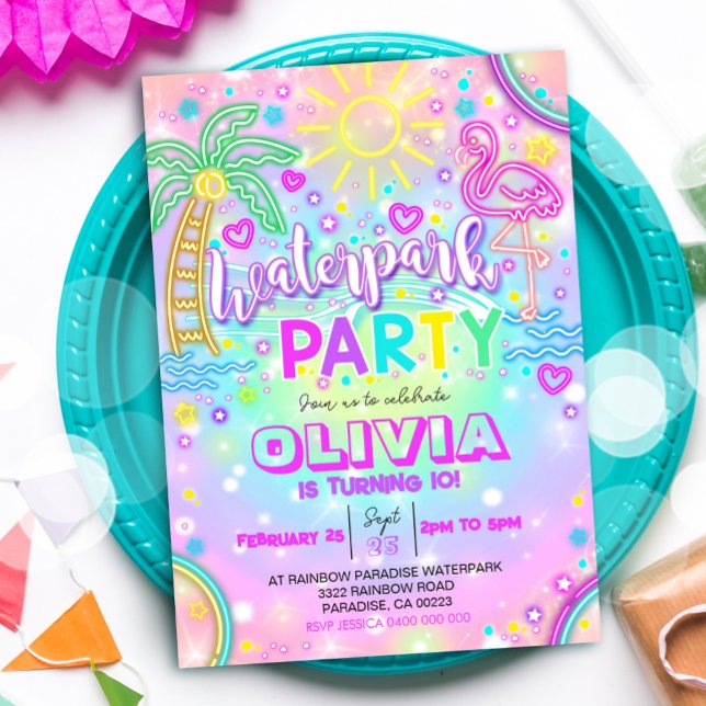 Invitation du Waterpark Parc aquatique Neon Rainbo (Neon Waterpark Party Invitation)