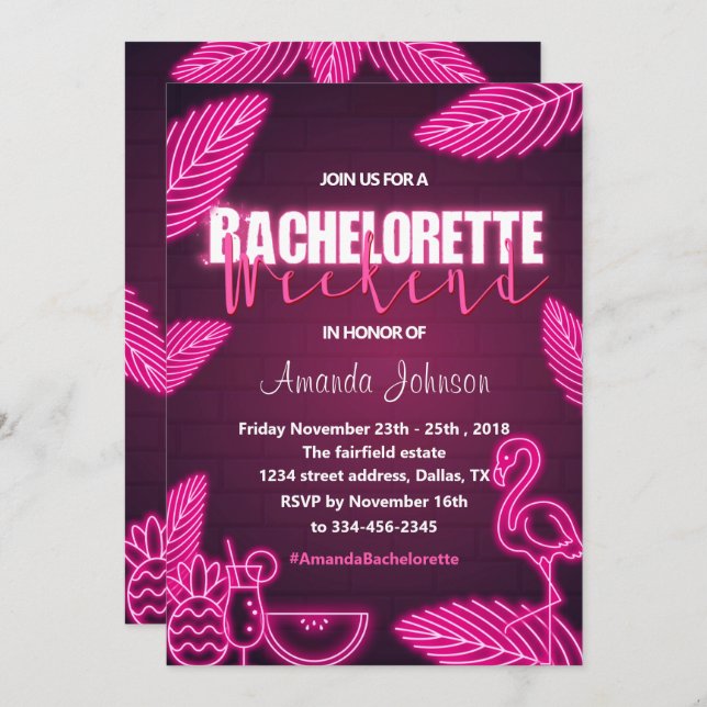 Invitation du week-end de Bachelorette Pink Tropic (Devant / Derrière)