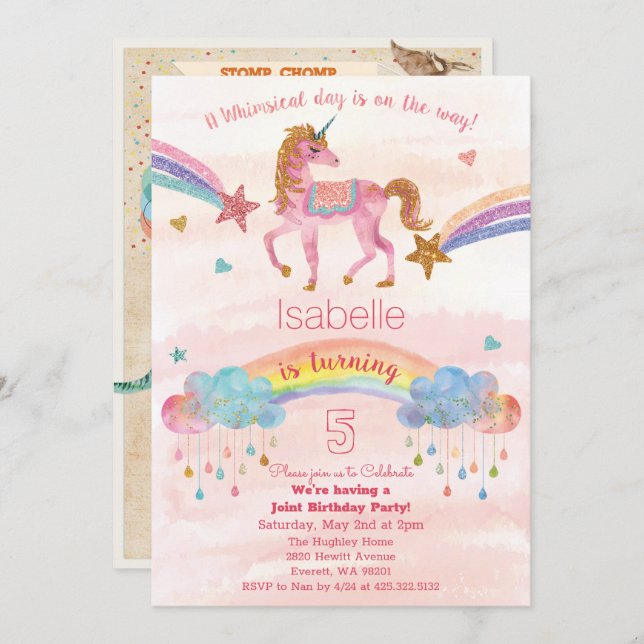 INVITATION DUAL - Unicorn et Dinosaur Invitation d (Devant / Derrière)