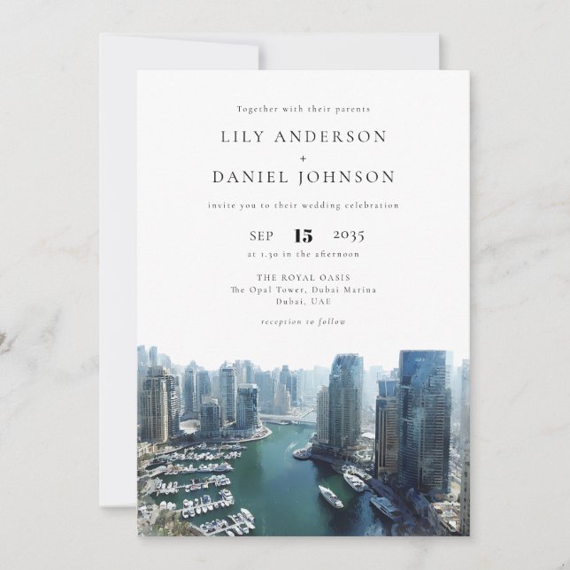 Invitation Dubai Skyline Aquarelle Élégant Mariage (Devant)