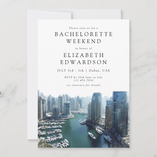 Invitation Dubai Skyline Watercolor Bachelorette Weekend (Devant)