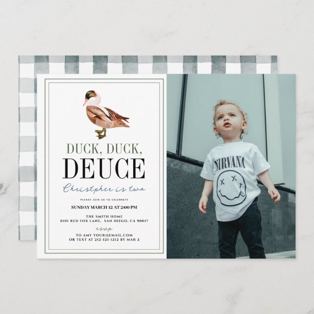 Invitation Duck Duck Deuce Classic Boy Photo 2e anniversaire (Devant / Derrière)