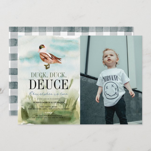 Invitation Duck Duck Deuce Watercolor Boy Photo 2e anniversai (Devant / Derrière)
