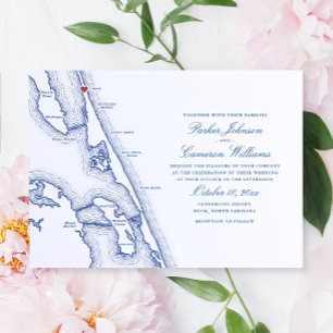 Invitation Duck NC Map Élégant Mariage bleu marine