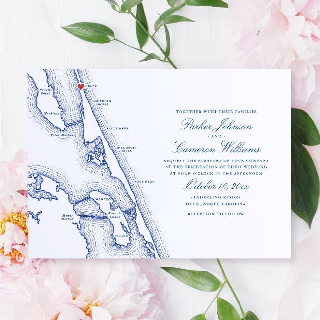 Invitation Duck NC Map Élégant Mariage bleu marine (Duck NC Wedding Invitation for an elegant navy blue Outer Banks Wedding by Coastal Map Designs)