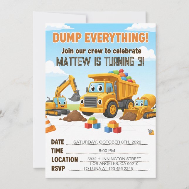 Invitation Dump Everything Construction Dump Truck Birthday (Devant)