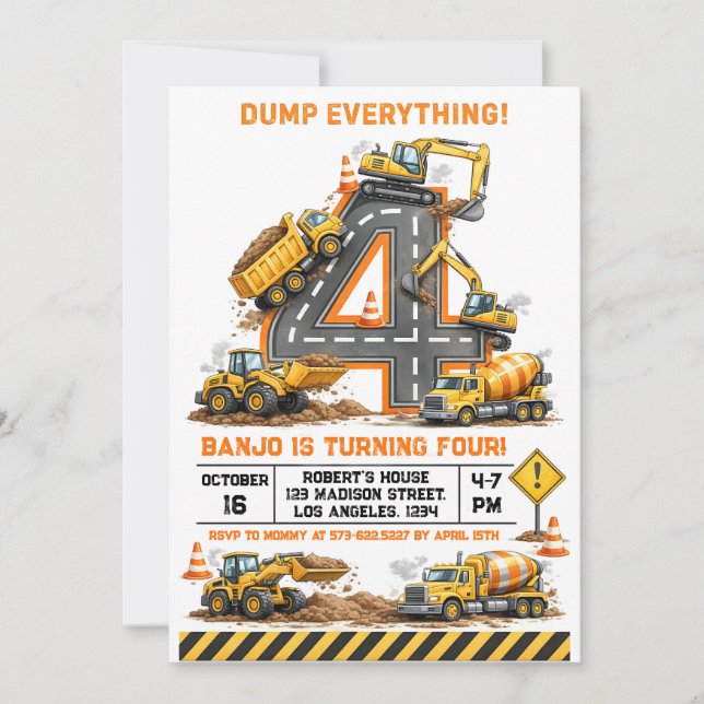 Invitation Dump Everything Construction Truck 4th Birthday (Devant)