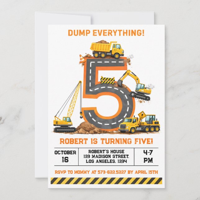 Invitation Dump Everything Construction Truck 5th Birthday (Devant)