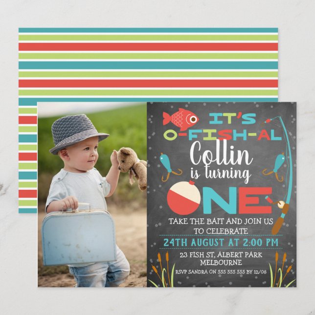 Invitation d'un anniversaire à Chalkboard O-fish-a (Devant / Derrière)