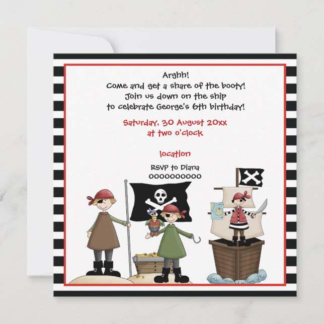 Invitation d'un anniversaire de enfant pirate - Bo (Devant)