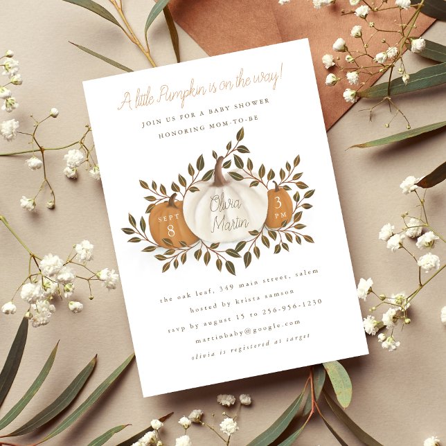 Invitation d'un Baby shower d'automne un peu Citro (This "A Little Pumpkin" Baby Shower Invitation is perfect for your chic, fall shower)