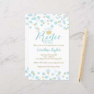 Invitation d'un petit Baby shower d'or bleu Prince