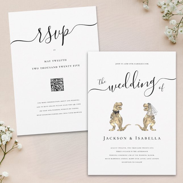Invitation d'une mariée et d'une chambre de Dinosa (Fun Dinosaur theme wedding invitation T-Rex bride and groom elegant modern script and RSVP Qr code)
