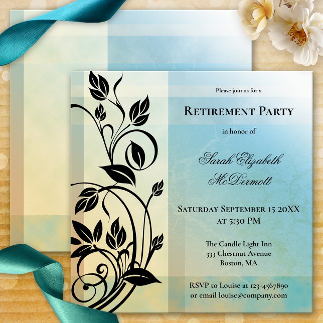 Invitation d'une partie de retraite Vintage (Vintage style retirement invitation with elegant floral swirls on a blue veined geometric design)