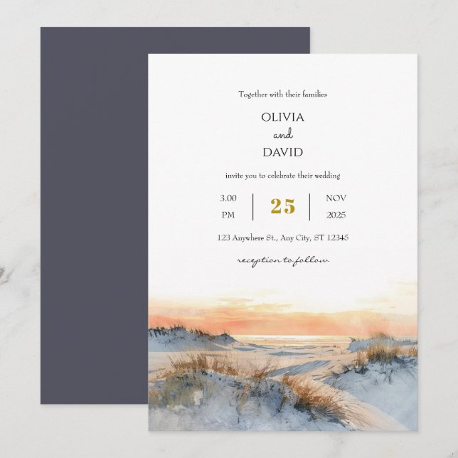 Invitation Dunes côtières coucher de soleil doré Soirée de pl (Devant / Derrière)