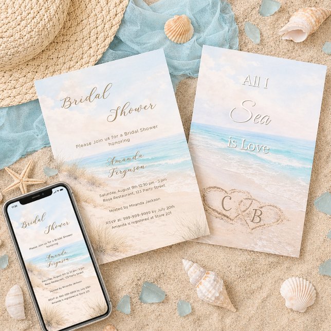 Invitation Dunes de sable de plage à l'aquarelle cœurs Baby S (Créateur téléchargé)