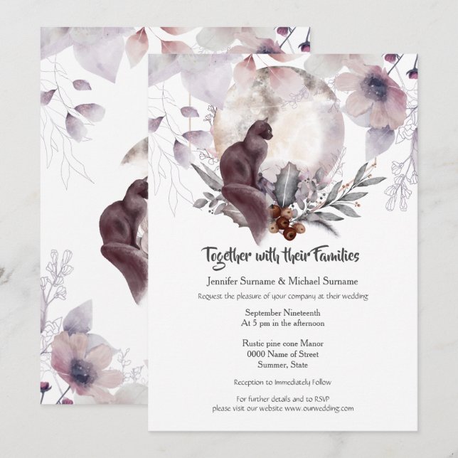 Invitation Dusky bleu rose floral noir chat lune aquarelle  (Devant / Derrière)