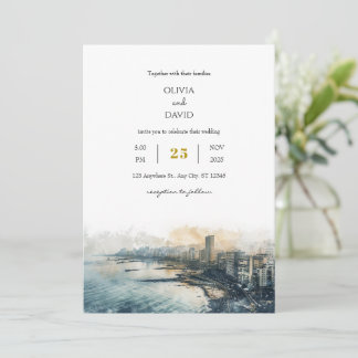 Invitation Dusky Blue Coastal Skyline City View Beach Wedding