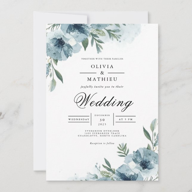 Invitation Dusky Blue Floral Swirl Wedding (Devant)