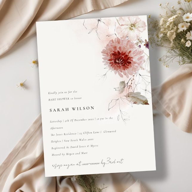 Invitation Dusky Fall Marsala Blush Floral Baby shower (Créateur téléchargé)